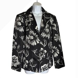 Chico's Blazer Size 12 (Chico's size 2) Floral Jacket Black‎ White Bold Flowers